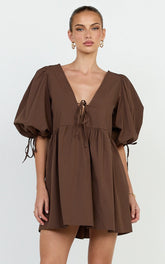 Rosita Mini Dress - Tie Front Puff Sleeve Dress in Chocolate