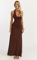 Odile Maxi Dress - U Halter Neck Dress in Chocolate