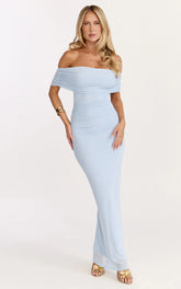 Caterina Maxi - Ruched Off Shoulder Mesh Dress in Pale Blue