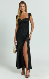 Vance Midi Dress - Ruched Cap Sleeve Bustier Bias Cut Dress in Black