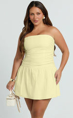 Donatella Mini Dress - Strapless Drop Waist Dress in Lemon