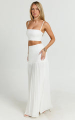 Rowan Two Piece Top and Skirt Set - Square Neck Crop Top and High Waist Pleated Maxi Skirt Set in Ivory