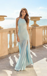 Ayla Maxi Dress - High Neckline Contrast Georgette Skirt Dress in Blue