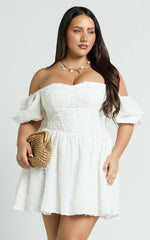 Esthela Mini Dress - Embroidered Square Neck Short Puff Sleeve Corset in White Floral