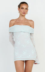 Raymond Mini Dress - Off Shoulder Long Sleeve Fitted Dress in Blue
