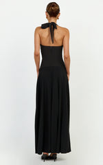 Poppy Maxi Dress - Contrast Skirt Deep Plunge Halter Dress in Black