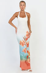 Soleil Midi Dress - Ombré Floral Print Bias Cut Halter Neck Dress in Orange