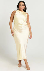 Aluna Midi Dress - High Neck Cross Back Satin Slip Dress in Lemon