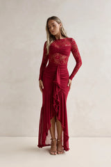Flirtation Hour Lace Long Sleeve Maxi Dress Burgundy