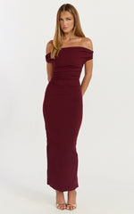 Lena Midi Dress - Off Shoulder Ruched Bodycon Dress in Wine