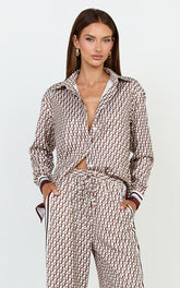 Noelle Top - Geo Border Print Button Front Long Sleeve Shirt in Multi