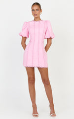 Laila Mini Linen Blend Dress - High Neck Side Cut Out Puff Sleeve Straight Dress in Pink