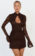 Nyla Mini Dress - Collared Keyhole Flute Sleeve Fitted Dress in Chocolate