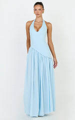 Calla Maxi Dress - Halter Neck Asymmetric Dropped Waist Dress in Blue