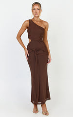 Mandy Midi Dress - Knot Detail Cut Out Mesh Dress in Chocolate