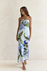 Bells Of Spring Satin Strapless Maxi Dress Blue