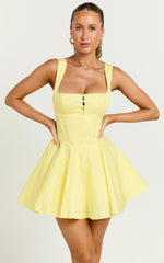Indi Mini Dress - Square Neckline Lace Up Back Dress in Lemon