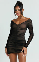 Dani Mini Dress - Mesh Long Sleeve Off Shoulder Ruched Dress in Black