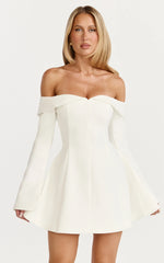 Collette Mini Dress - Off Shoulder Long Sleeve Godet Flare Dress in White