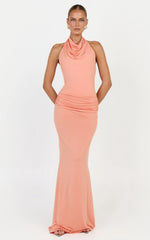 Lizzy Maxi Dress - Backless Ruched Bodycon Dress in Coral