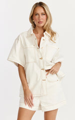 Iris Top - Oversized Recycled Denim Short Sleeve Shirt in Ecru with Contrast Tobacco Stitch