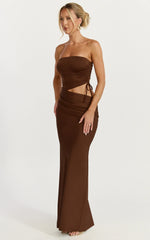 Fergie Maxi Dress - Strapless Side Ruched Cut Out Fitted Dress in chestnut brown