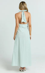 Jeienn Midi Dress - Ruched Shoulder Bodice A Line Placket Front Skirt Dress in Mint Stripe