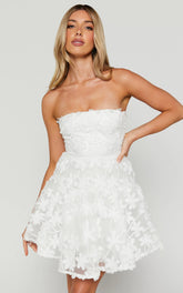 Rheiva Mini Dress - Strapless 3D Embroidery Dress in White