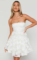 Rheiva Mini Dress - Strapless 3D Embroidery Dress in White