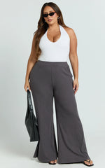 Amalthea Pants - High Waisted Jersey Rib Wide Leg Pants in Charcoal