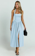 Helda Midi Dress - Halter Tie Neck Corset Panel Dress in Soft Blue
