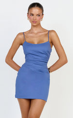 Liora Mini Dress - Low Back Scoop Neck Pintucked Dress in Steel Blue