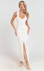 Maisy Midi Dress - Scoop Neck Racer Back Fitted Dress in White