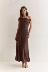 Coffee And Wine Mesh Off Shoulder Maxi Dress Brown