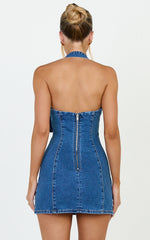 Peggy Mini Dress - Denim Buckle Halter Neck Fitted Dress in Dark Blue Wash