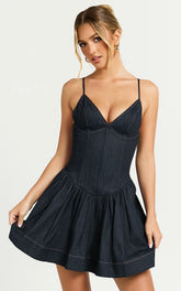 Betchie Mini Dress - Neck Strappy Drop Waist Gathered Skirt Denim Dress in Dark Raw Denim