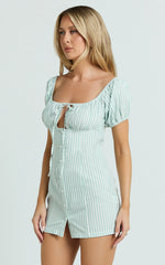 Estelle Mini Dress - Off Shoulder Ruched Bodice Fitted Placket Front Skirt Dress in Mint Stripe