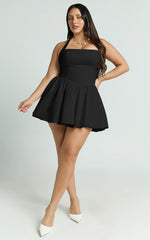 Helda Mini Dress - Halter Tie Neck Corset Panel Dress in Black
