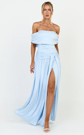 Bree Maxi Dress - Off Shoulder Draped Sash Dress in Blue