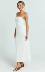 Genni Midi Dress - Strapless A Line Linen Blend Dress in White