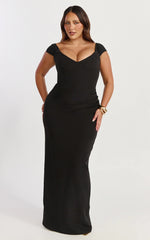 Veronika Maxi Dress - Off Shoulder Plunge High Split Dress in Black