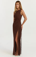 Joanne Maxi Dress - Scoop Neck Fringe Dress in Chocolate