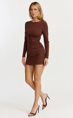 Brielle Mini Dress - Long Sleeve Ruched Bodycon Dress in Chocolate