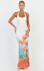 Soleil Midi Dress - Ombré Floral Print Bias Cut Halter Neck Dress in Orange