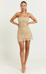 Ivy Mini Dress - Strappy Straight Neck Lace Detail Dress in Natural