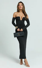 Isabelle Midi Dress - Ruche Front Deep U Off Shoulder Fitted Dress in Black
