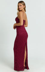 Carli Maxi Dress - Adjustable Strap Corset Bodycon Lace Dress in Wine