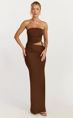 Fergie Maxi Dress - Strapless Side Ruched Cut Out Fitted Dress in chestnut brown