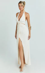 Cleo Maxi Dress - Halter Neck Floral Trim Cut Out Fitted Dress in Ivory