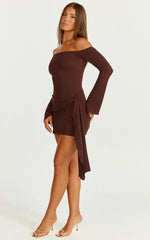 Noah Mini Dress - Off Shoulder Draped Skirt Jersey Dress in Chocolate